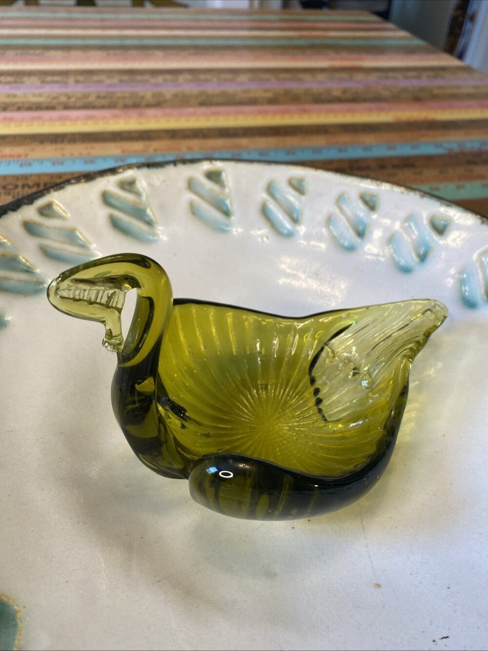 MCM 1960s Hand Blown Glass Swan Trinket Dish Avacado Green
